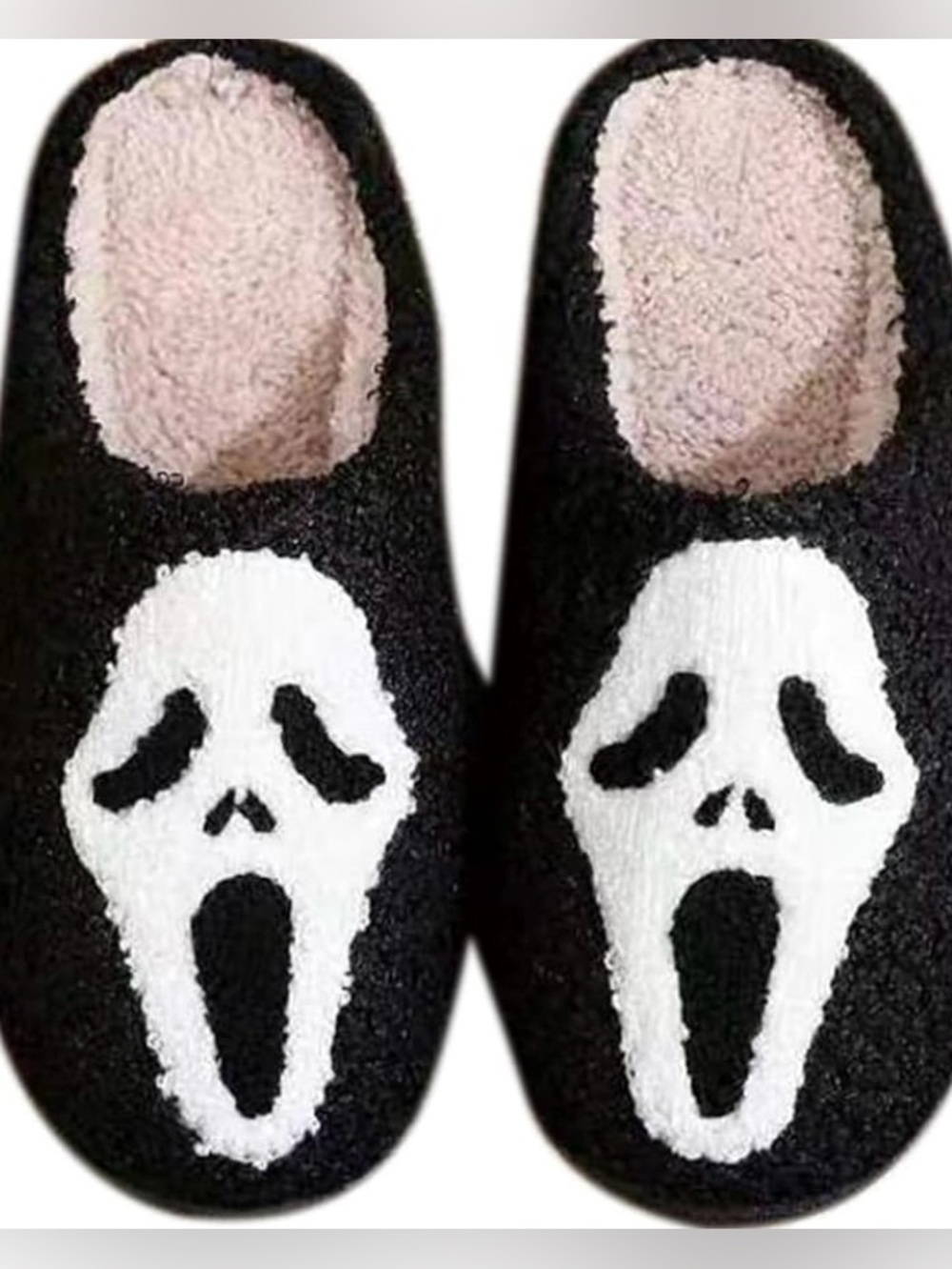 Black plush Halloween-themed Ghost Face slippers